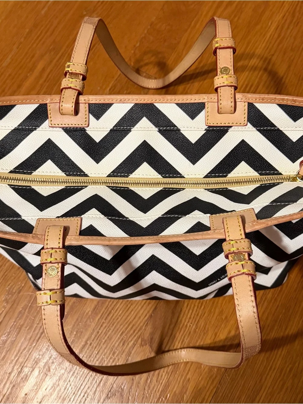 Dooney & Bourke Large Black & White Chevron Tote with Tan Trim